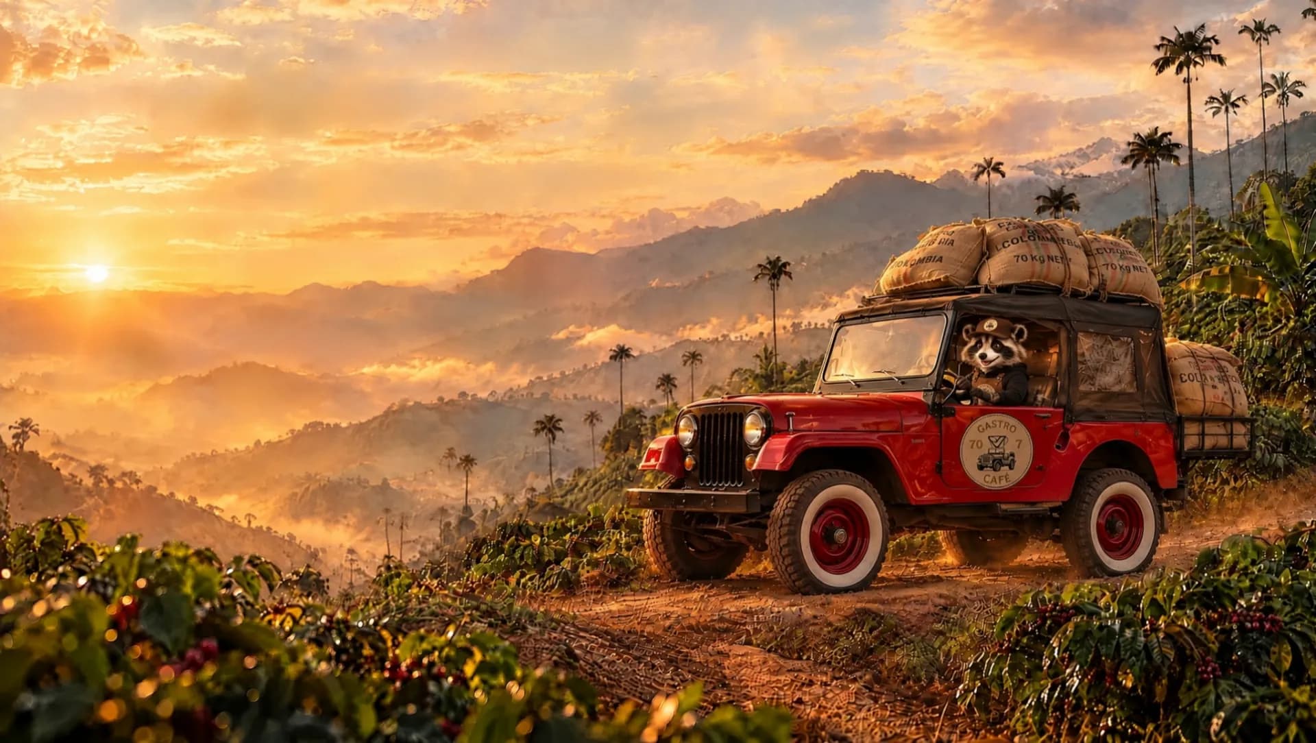 El mapache de Gastro 70V7, con gorra y delantal, maneja un jeep rojo cargado de bultos de café entre cafetales al atardecer