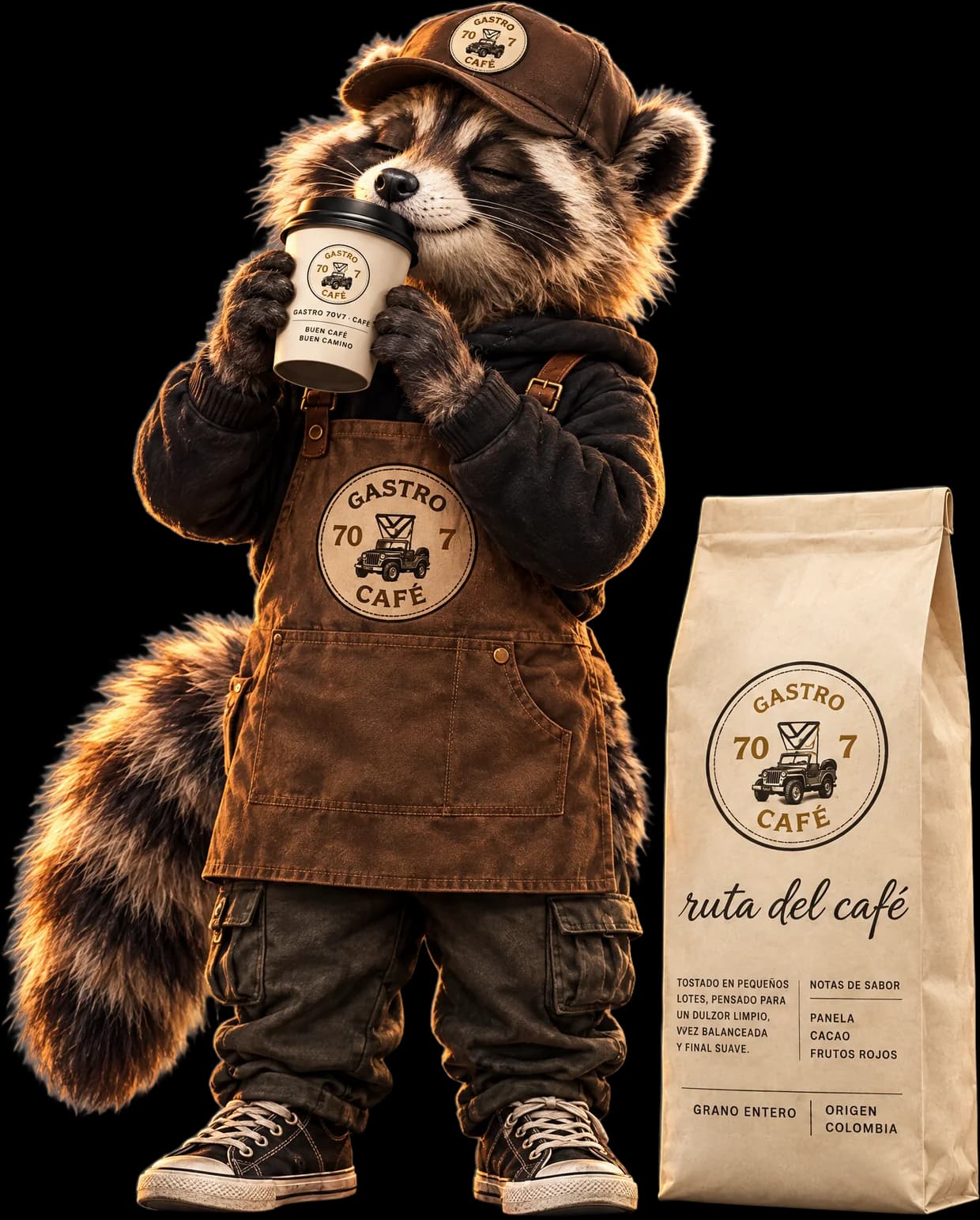 El mapache de Gastro 70V7, con gorra y delantal, toma café de un vaso para llevar junto a una bolsa de café ruta del café