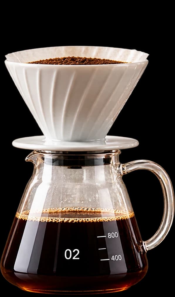 Un V60 de cerámica blanca sobre su jarra de vidrio